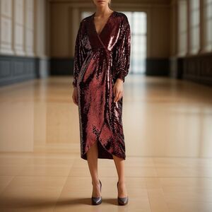 Ted Baker Emaleee Sequin Wrap Plunge Neck Midi Dress Size 2 US 4-6 Dark Red Glam